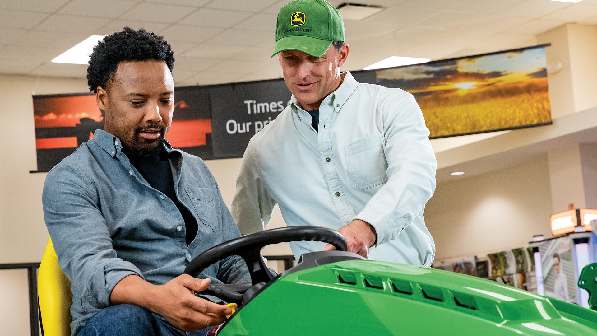 Customer with a newly bought lawn mower