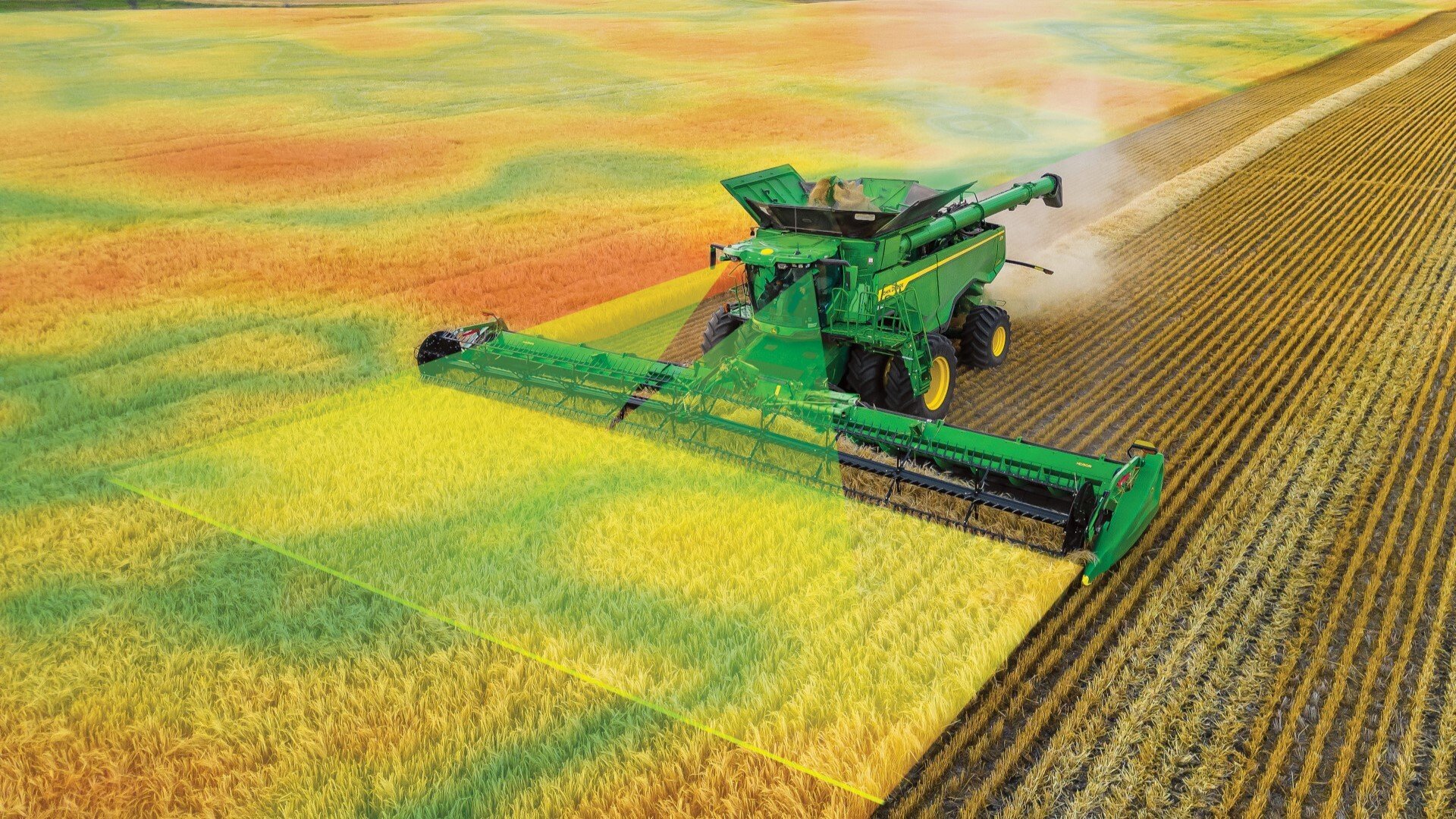 John Deere X9 1000 Series Combine being shown utilizing Precision Farming with advanced tracking