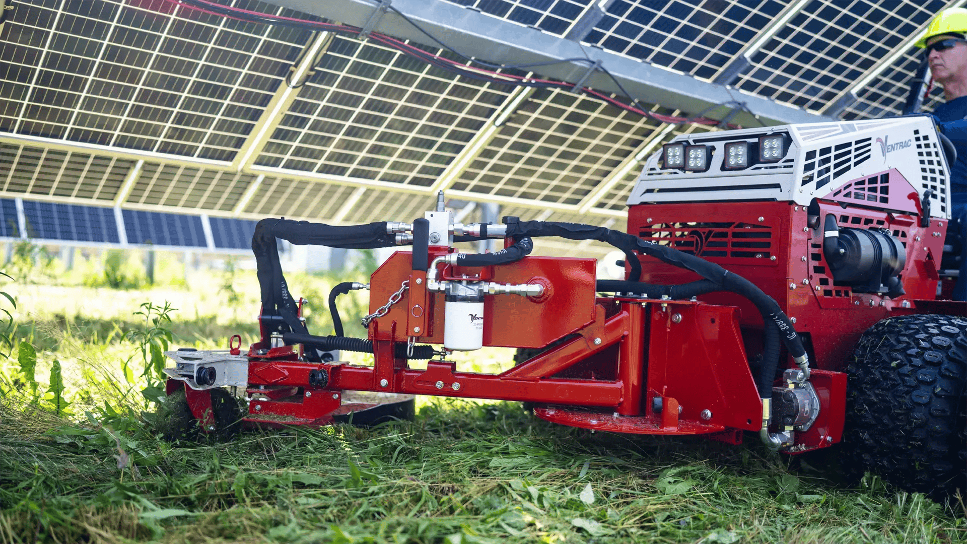 Koenig Ventrac MP270 Post Mower mowing under solar panels