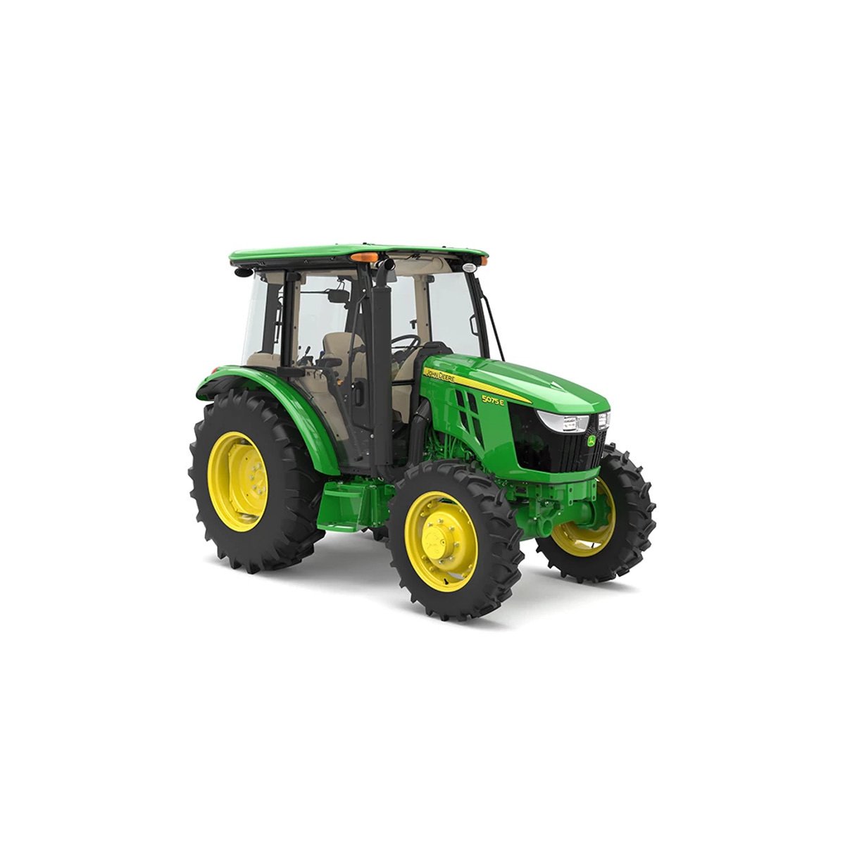 A green and yellow John Deere 5075E tractor is shown from a front-side angle on a white background.