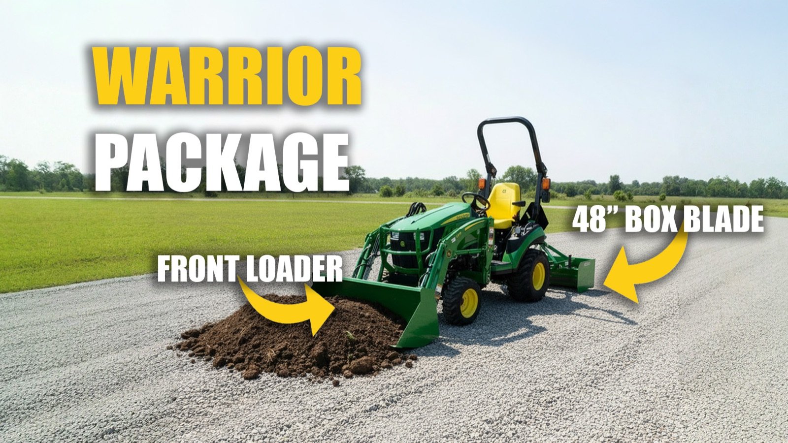 John Deere compact utility tractor with a front loader and a box blade on a gravel driveway.