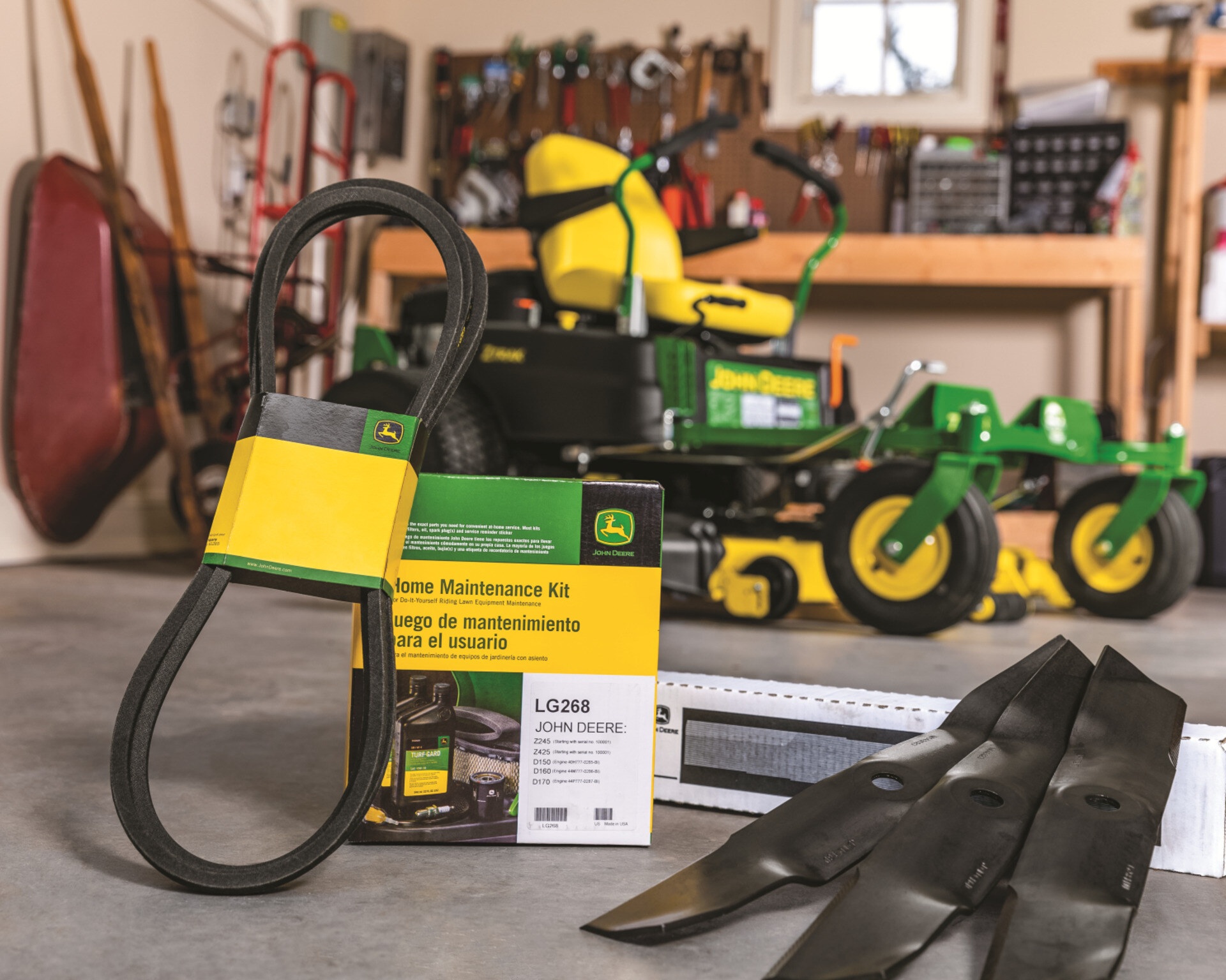 A John Deere lawn tractor home maintenance kit.